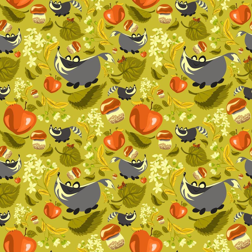 Summer forest pattern with cute raccoons, badgers, mushrooms, apples, flowers and leaves. Seamless pattern for fabric, paper and other printing and web projects. vector