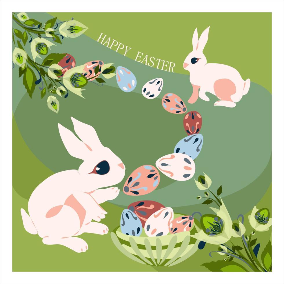 Happy Easter holiday and Hello spring concept in pastel colors cartoon style design. Isolated vector greeting card with Easter bunny in decorated with flowers pink Easter egg