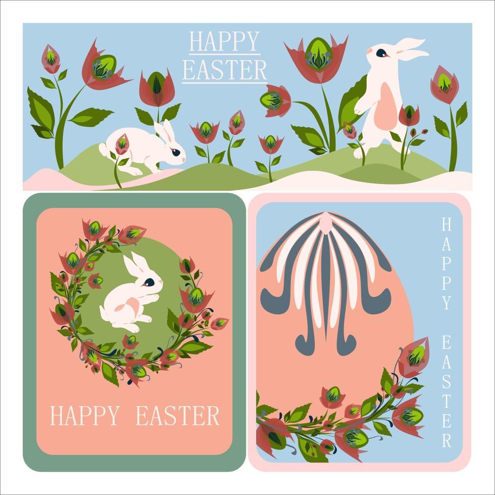 felices vacaciones de pascua y hola concepto de primavera en colores pastel diseño de estilo de dibujos animados. tarjeta de felicitación vectorial aislada con conejito de pascua decorado con flores rosa huevo de pascua vector