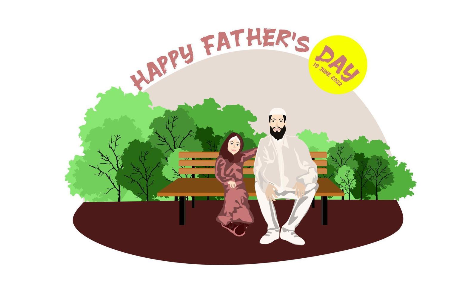 Happy Muslim family sits on a park bench in sunny weather. Happy fathers day conceptual vector design. Father sits on a bench with his kids