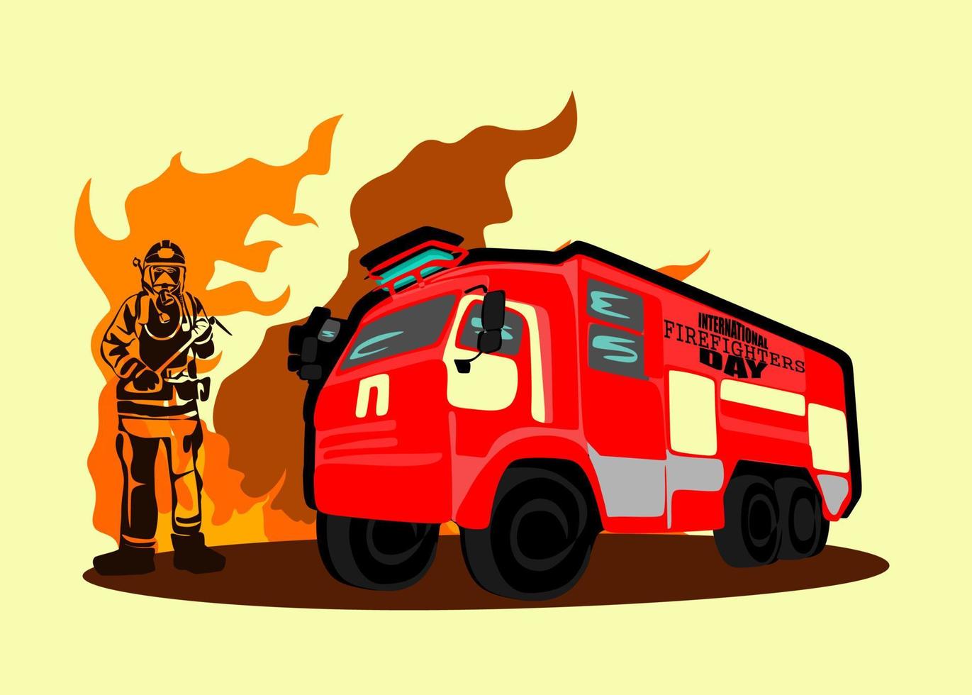 International firefighters day concept design. Firefighter silhouette vector illustration, as a banner, poster or template for international firefighters day with lettering, fire and flames.