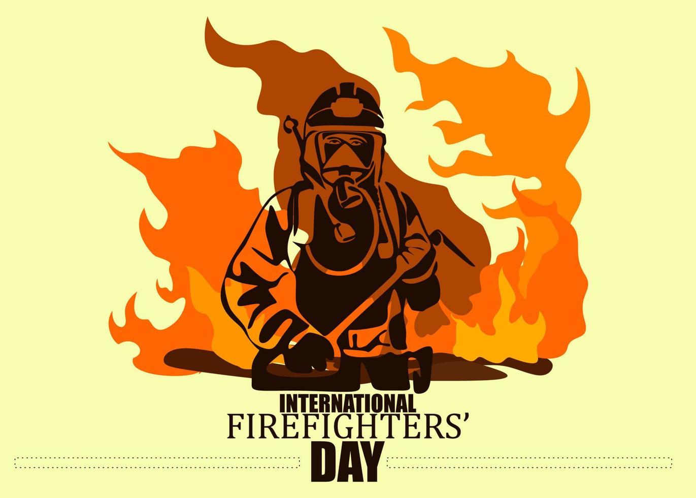 International firefighters day negative space. Firefighter silhouette vector illustration, as a banner, poster or template for international firefighters day with lettering, fire and flames