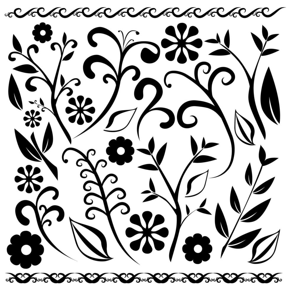 Simple vector floral ornaments, leaves, flowers isolated on white background