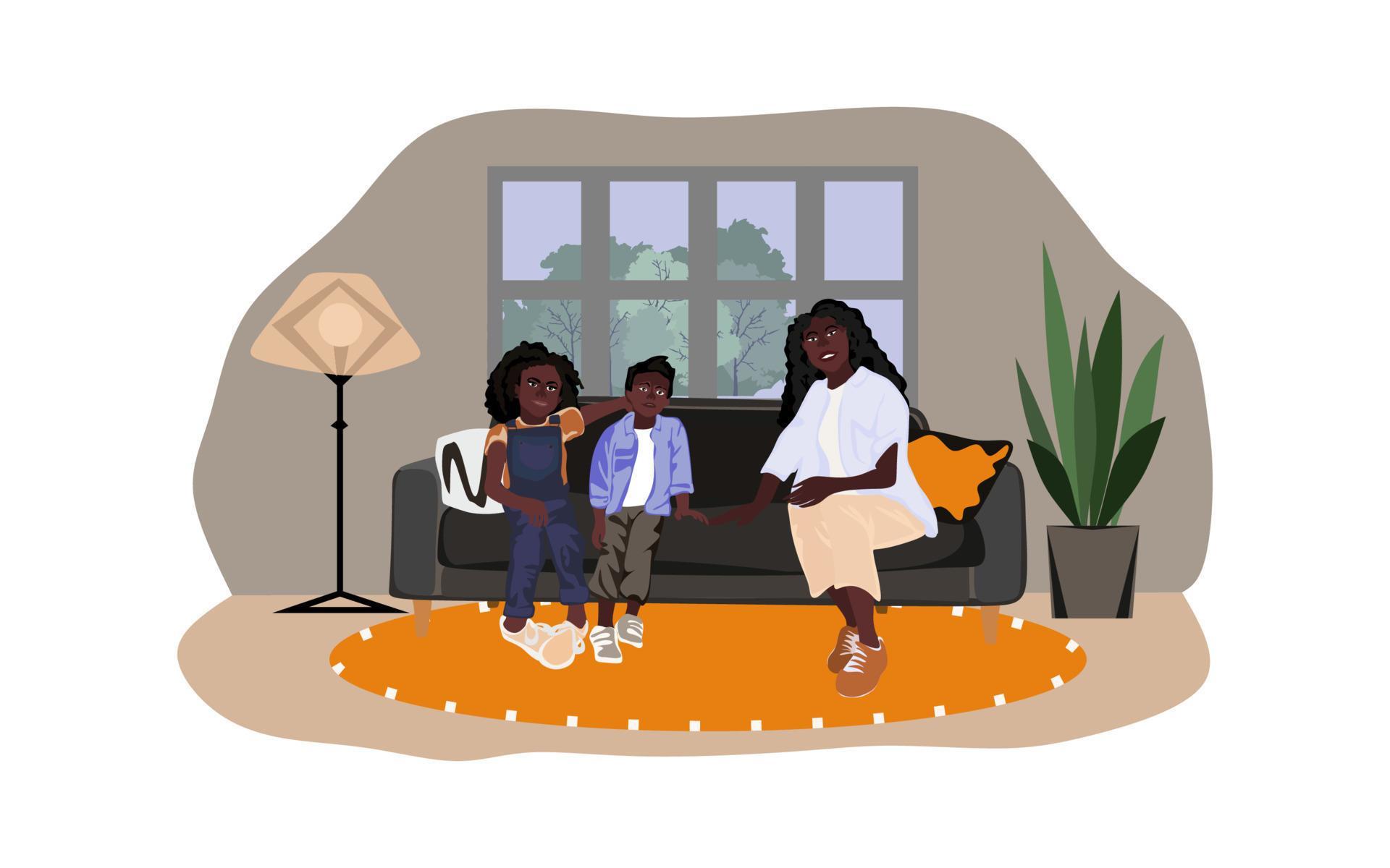 African American Mother with children sitting on the sofa in the room