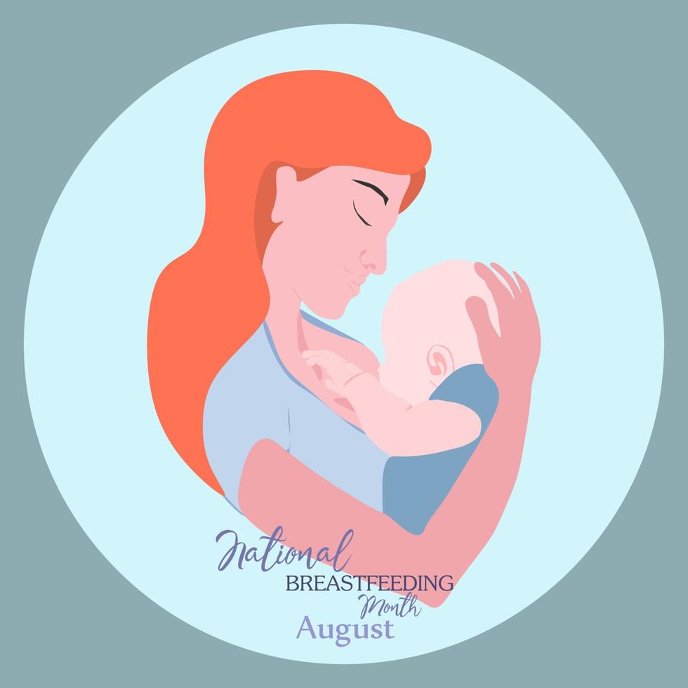 Young european woman breastfeeding her newborn baby holding and nursing him in hands. Lactation concept. Breast feeding week or month clip art. Child drinks milk from the female breast. vector