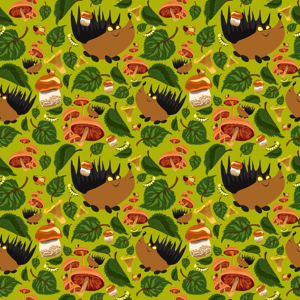 Summer Forest pattern with cute hedgehogs, caterpillars, beetles, mushrooms and tree leaves. Seamless pattern for fabric, paper and other printing and web projects. vector