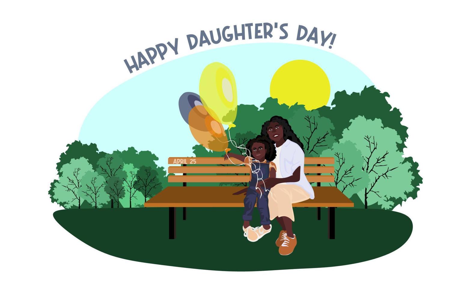 Happy African American family sits on a park bench in sunny weather with balloons. Family, mothers, childrens, fathers, sons, daughters, siblings day celebration conceptual vector design.