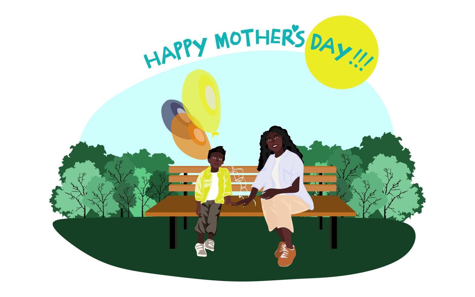Happy African American family sits on a park bench in sunny weather with balloons. Family, mothers, childrens, fathers, sons, daughters, siblings day celebration conceptual vector design.
