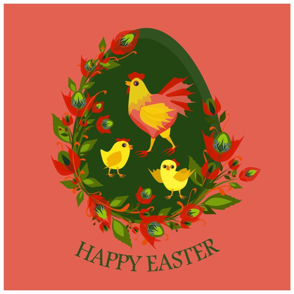 Isolated vector illustration with cute hen painted on Easter egg and decorated with red flowers. Traditional decoration of eggs for religious holiday. Happy Easter greeting card, banner or post.