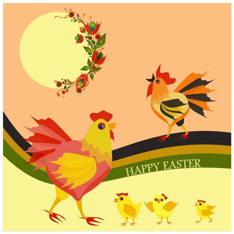 Isolated vector illustration with cute hen painted on Easter egg and decorated with red flowers. Traditional decoration of eggs for religious holiday. Happy Easter greeting card, banner or post.