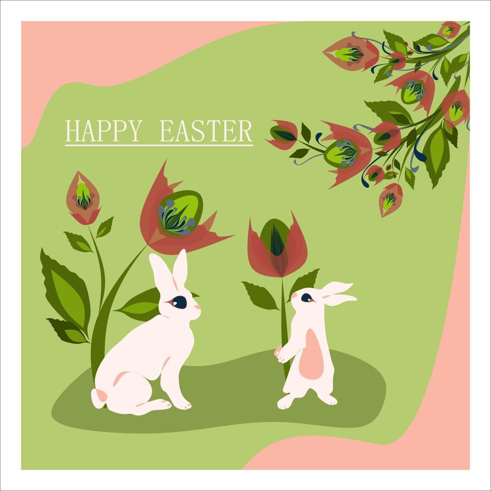 felices vacaciones de pascua y hola concepto de primavera en colores pastel diseño de estilo de dibujos animados. tarjeta de felicitación vectorial aislada con conejito de pascua decorado con flores rosa huevo de pascua vector