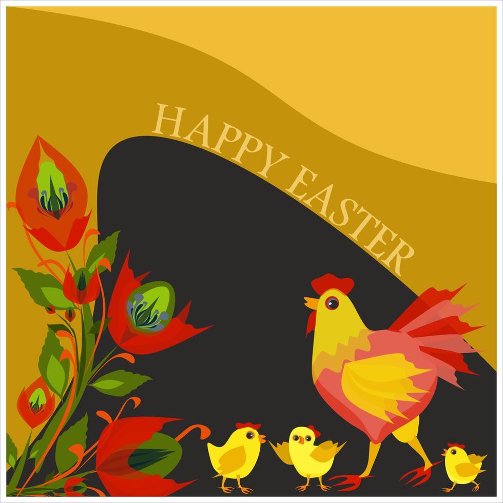 Isolated vector illustration with cute hen painted on Easter egg and decorated with red flowers. Happy Easter greeting card, banner or post.