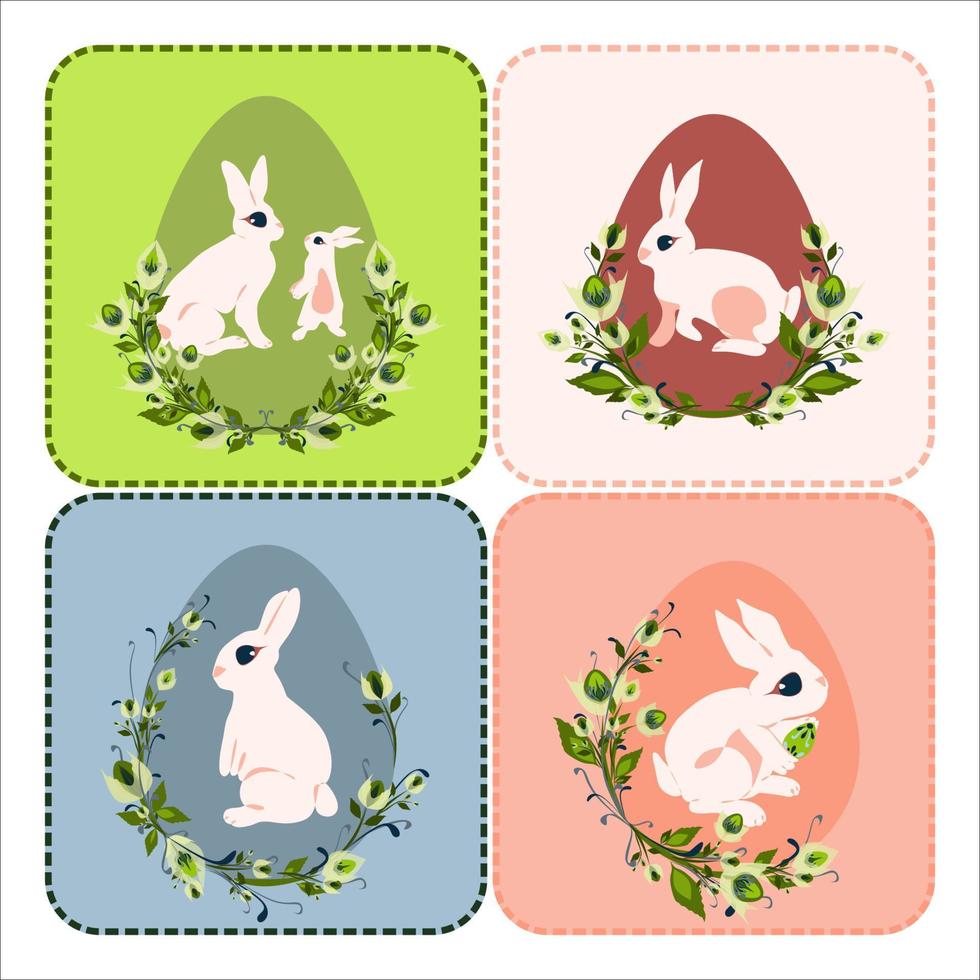 felices vacaciones de pascua y hola concepto de primavera en colores pastel diseño de estilo de dibujos animados. tarjeta de felicitación vectorial aislada con conejito de pascua decorado con flores rosa huevo de pascua vector