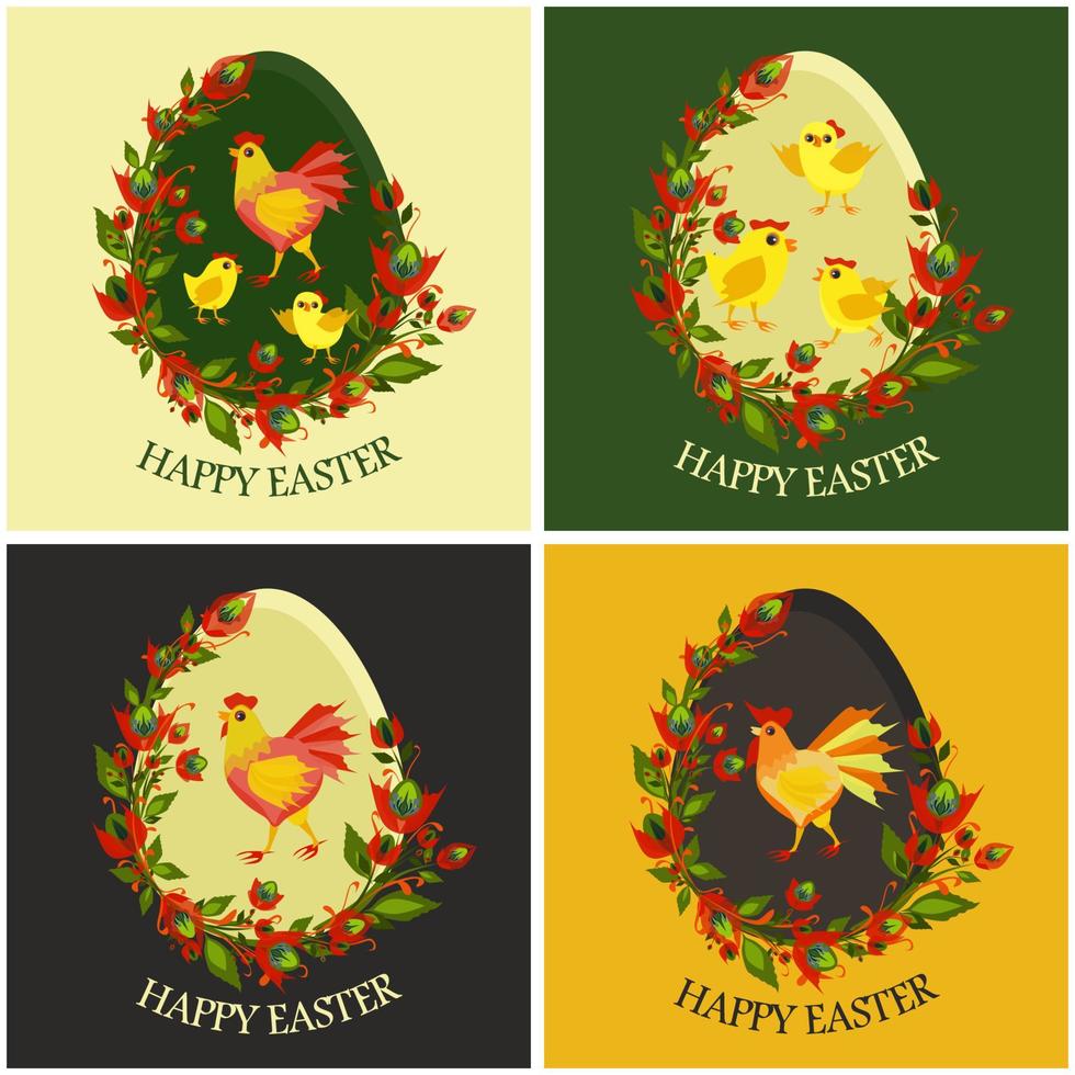 Isolated vector illustration with cute hen painted on Easter egg and decorated with red flowers. Happy Easter greeting card, banner or post.