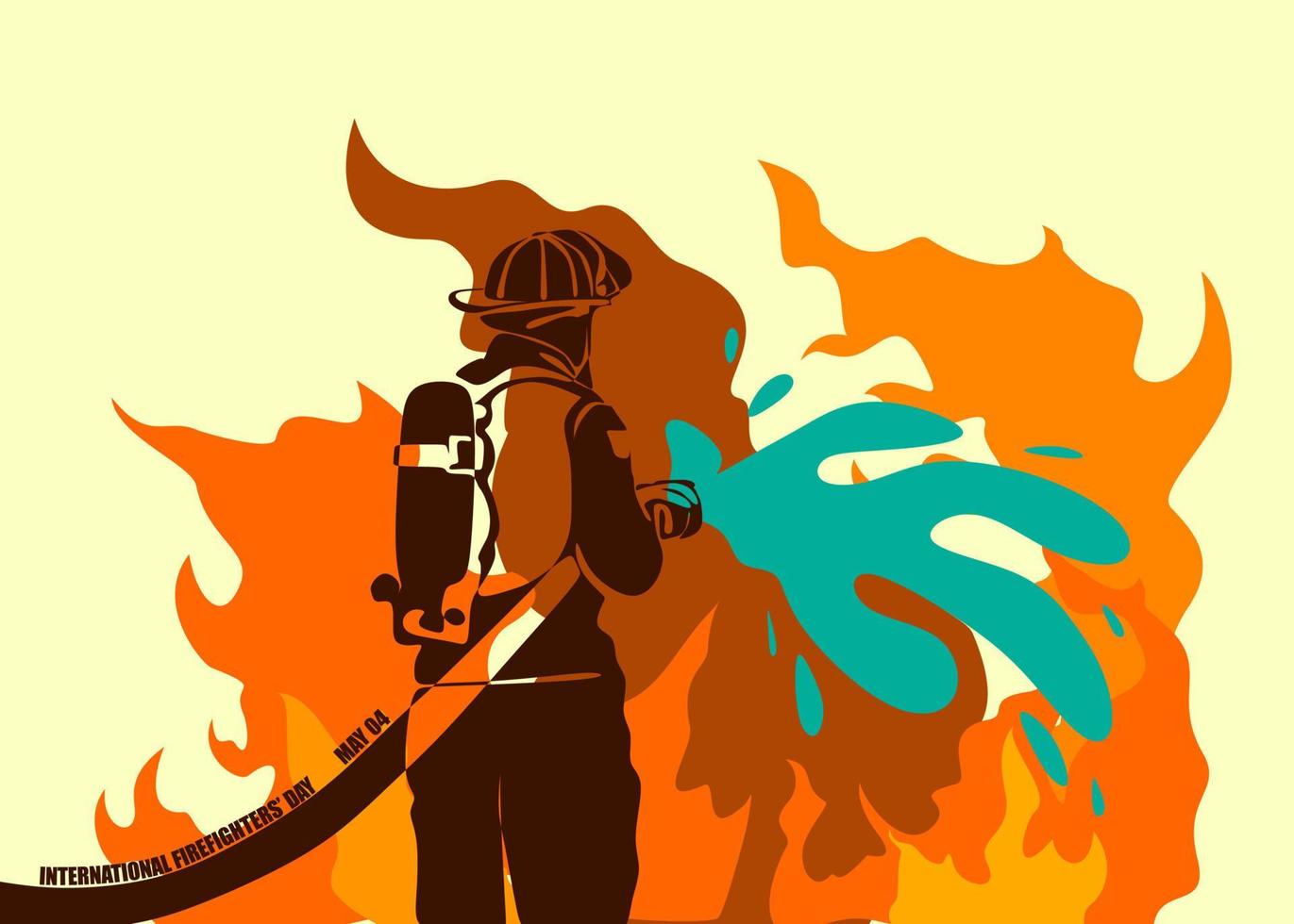 International firefighters day concept design. Firefighter silhouette vector illustration, as a banner, poster or template for international firefighters day with lettering, fire and flames.