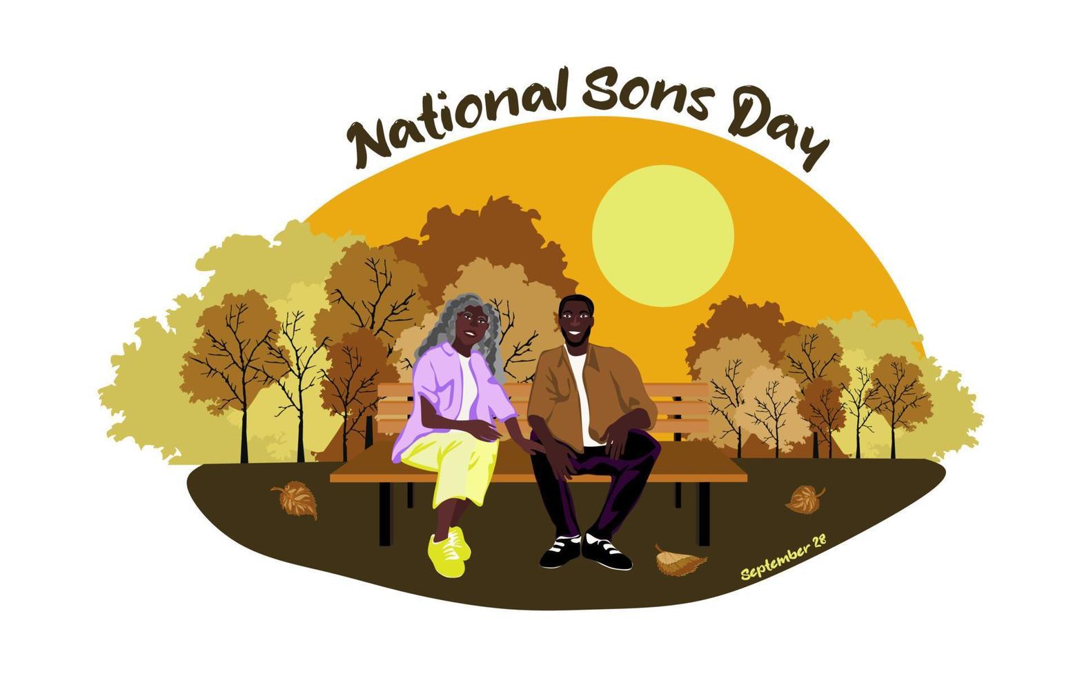 Happy African American family sits on a park bench in sunny weather. National sons day conceptual vector design. Elderly mother sit on a bench with her son