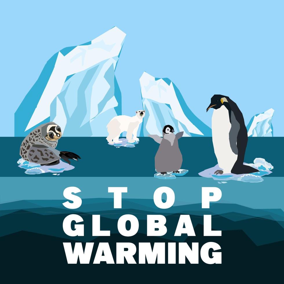 Global warming abstract concept. Sea leopard, polar bear, Penguin and baby penguinon drifting on a small ice floe of melting antarctic glacier. Flat cartoon vector illustration, Stop Global Warming