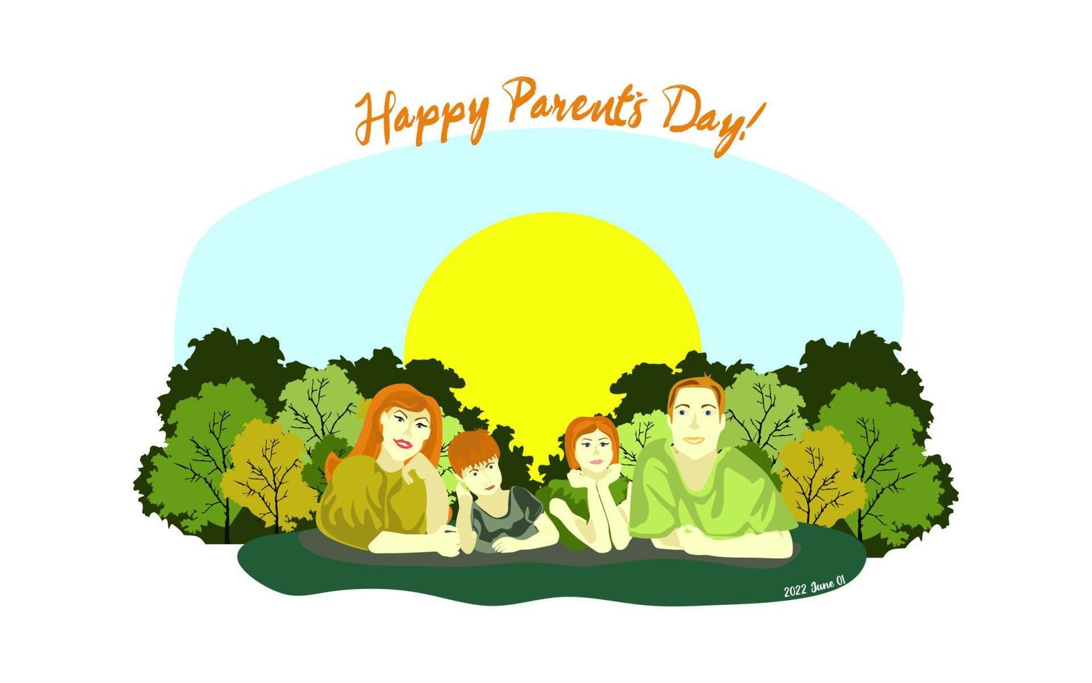 Happy Global Day of Parents vector illustration. Conceptual world parents day design, banner or card. Happy European family lies on the grass in park