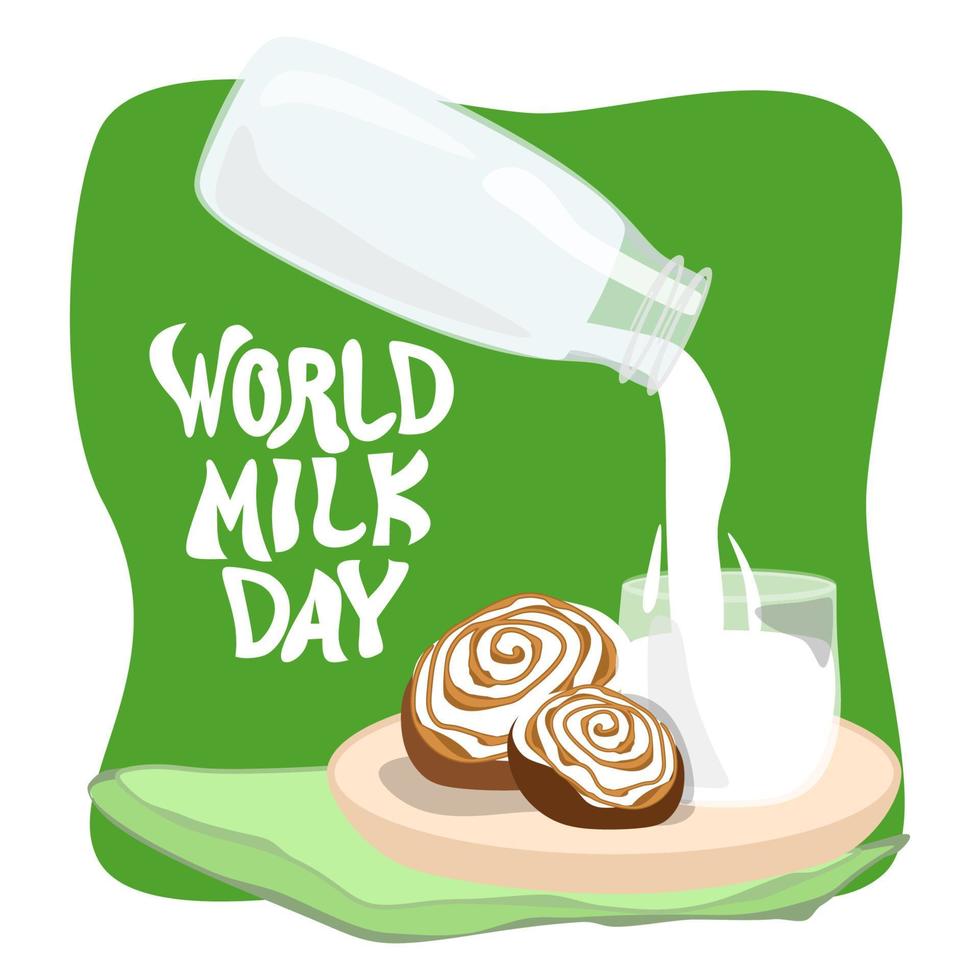 diseño gráfico vectorial del día mundial de la leche. pancarta, publicación o tarjeta con letras. la leche de una botella de vidrio se vierte en un vaso que está en un plato con una servilleta y bollos de canela vector