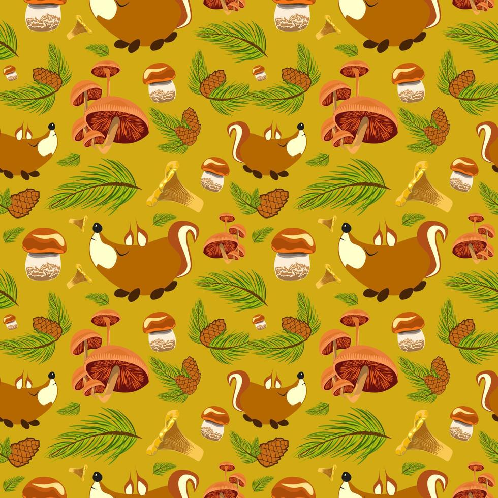 Autumn Forest pattern with cute squirrels, mushrooms, pine branches and cones. Seamless pattern for fabric, paper and other printing and web projects. vector