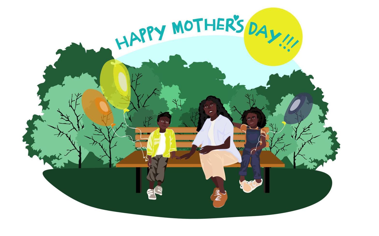 Happy African American family sits on a park bench in sunny weather with balloons. Family, mothers, childrens, fathers, sons, daughters, siblings day celebration conceptual vector design.