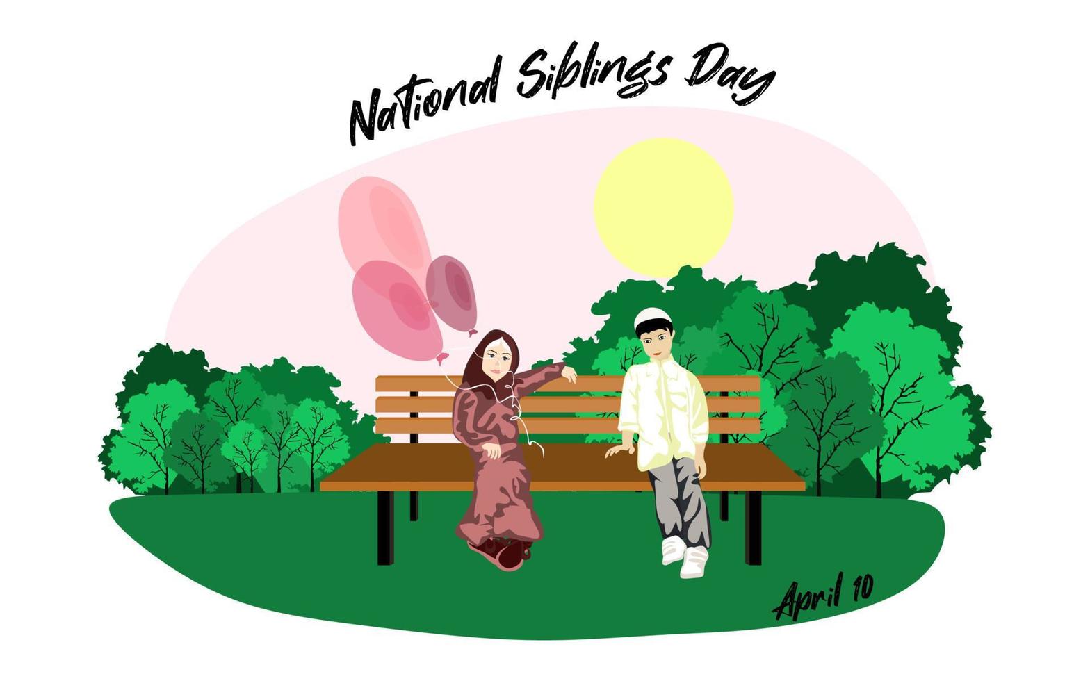 Happy Muslim family sits on a park bench in sunny weather with balloons. Family, mothers, childrens, fathers, sons, daughters, siblings day celebration conceptual vector design.