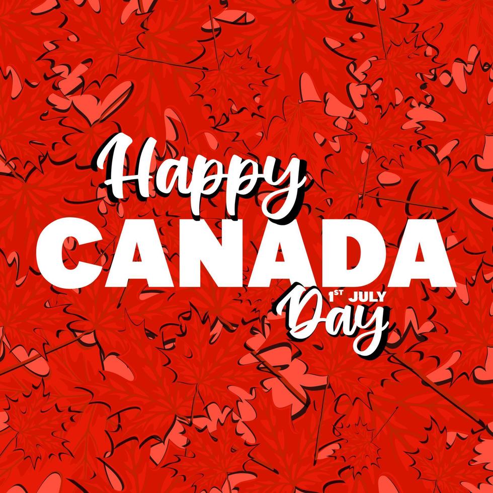 cartel del feliz día de canadá. ilustración de vector de bandera canadiense, tarjeta de felicitación o póster con letras de caligrafía dibujadas a mano. hoja de arce roja de canadá