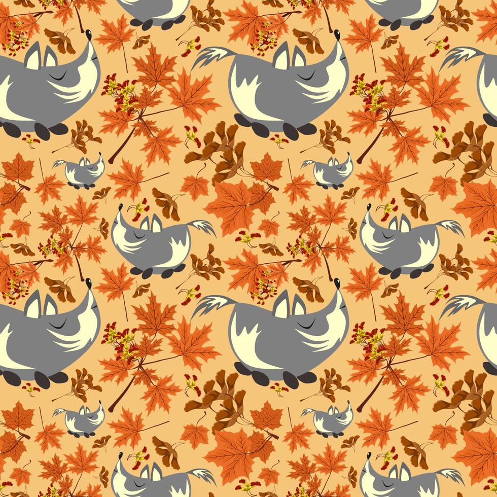 patrón de bosque de otoño con lindos lobos y hojas de arce. patrón sin costuras para tela, papel y otros proyectos de impresión y web. vector