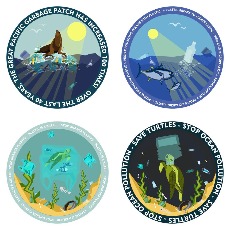 World oceans day, World Environment Day, Earth day, World Maritime Day concept vector illustration. Stop plastic pollution. Keep the oceans clean. Save the marine life. Stop creating trash mutants