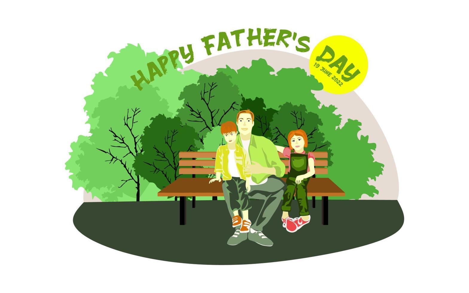 Happy European family sits on a park bench in sunny weather. Happy fathers day conceptual vector design. Father sits on a bench with his kids