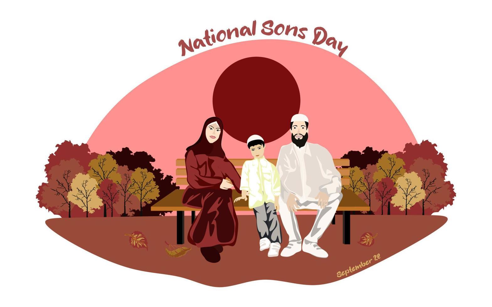 Happy Muslim family sits on a park bench in sunny weather. International sons day day conceptual vector design. Father sits on a bench with his kids