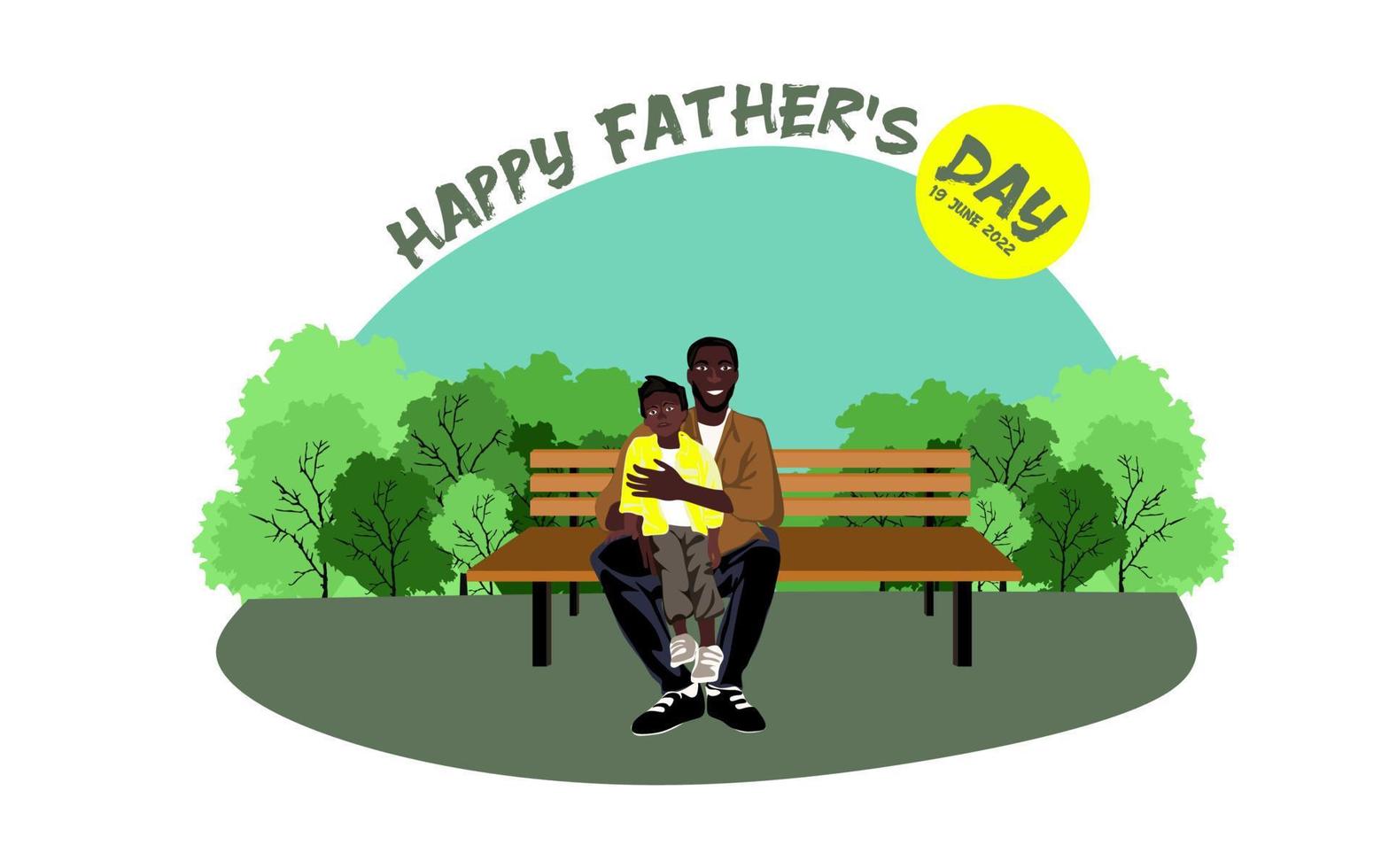 Happy African American family sits on a park bench in sunny weather Happy fathers day conceptual vector design. Father sits on a bench with his kids