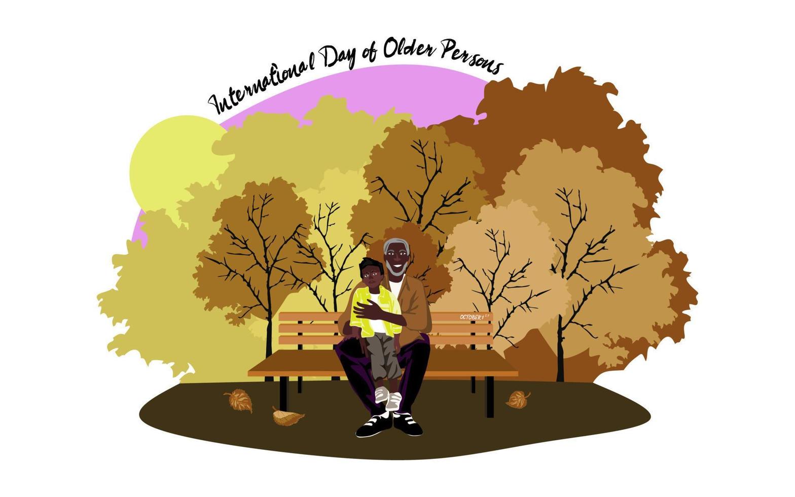 International day of older persons vector illustration. African American elderly man. Happy and smiling elderly man is sitting on a bench with his grandson