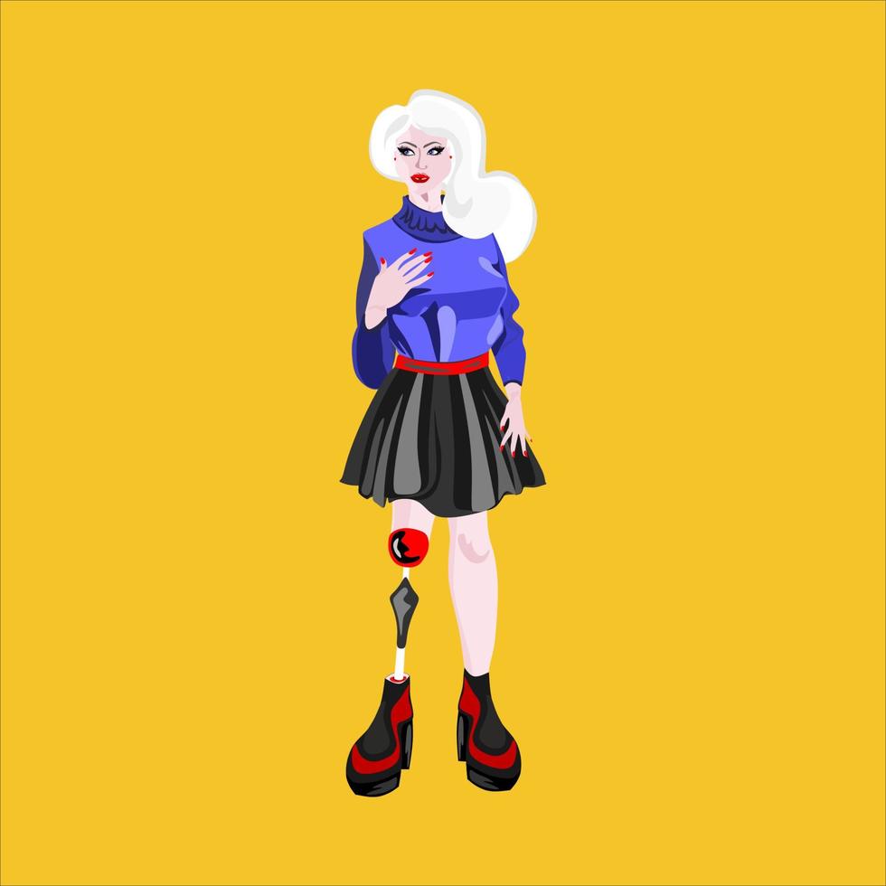 Beautiful blonde girl with a prosthesis on her leg. Illustration of a disabled woman. Female character with mechanical leg in shirt skirt vector