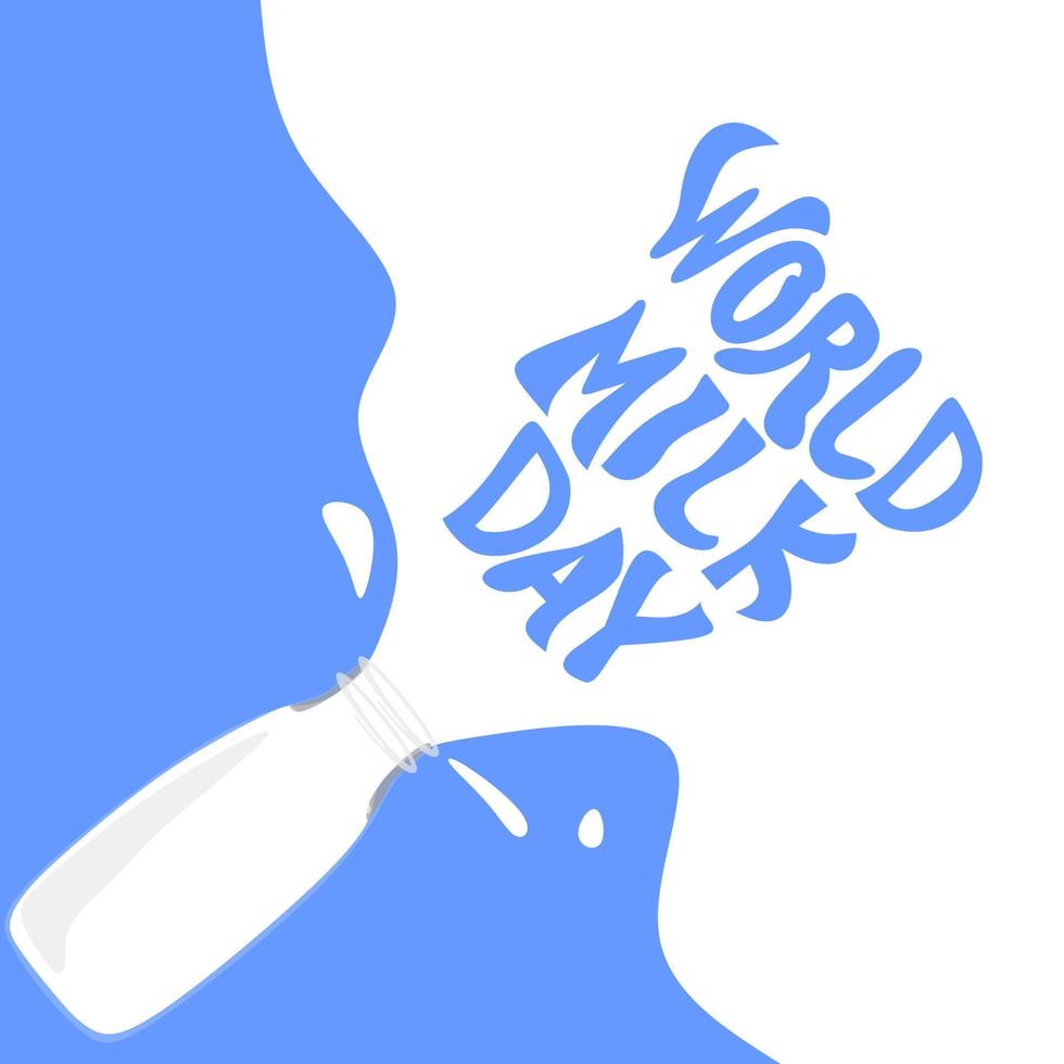 Milk spilled from a glass bottle in the form of a phrase World Milk Day. World Milk Day Vector graphic vector design. Banner, post or card with lettering.