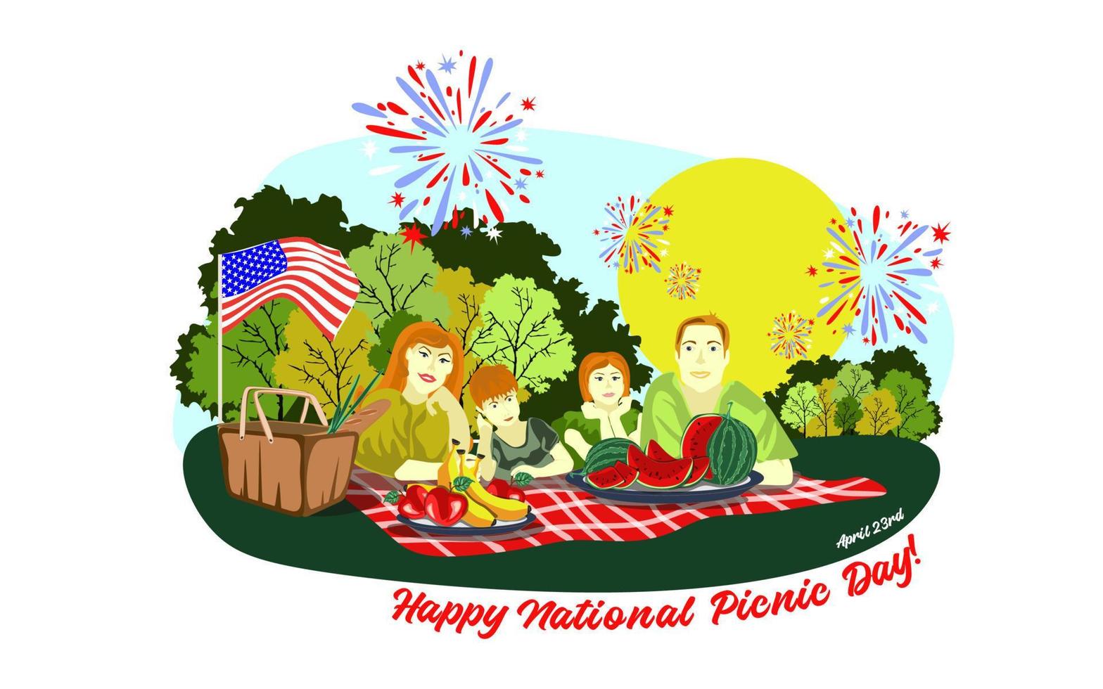 Happy European family enjoying picnic. Picnic Day banner. They are are lying on the grass in a park, the basket with meal, on a checkered red and white tablecloth watermelon and fruit in a plate vector