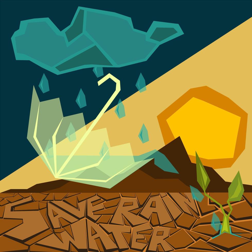 Water is life.Save rainwater. Rainwater harvesting. Rain drops collected in hands from rain clouds and carried to dry areas for irrigation. Solution to water crisis concept illustration. vector