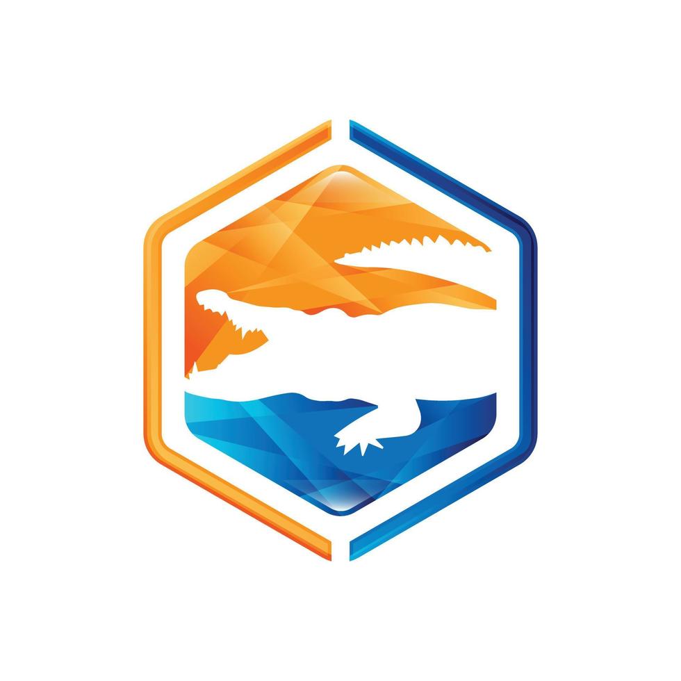 Crocodile negative space style logo vector on hexagon shape logo