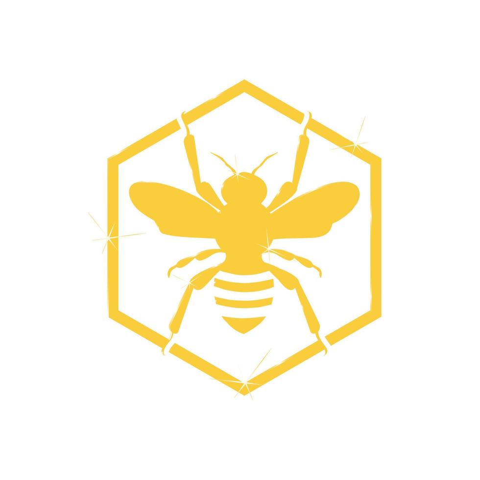 Gold shiny Bee icon inside the hexagon shape vector design illustrator