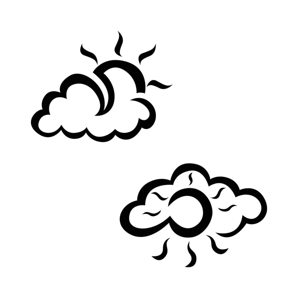 Cloudy and sunny weather sketch icon set. Hand drawn weather icon set. Weather vector icon set. Weather icon set isolated on white background.