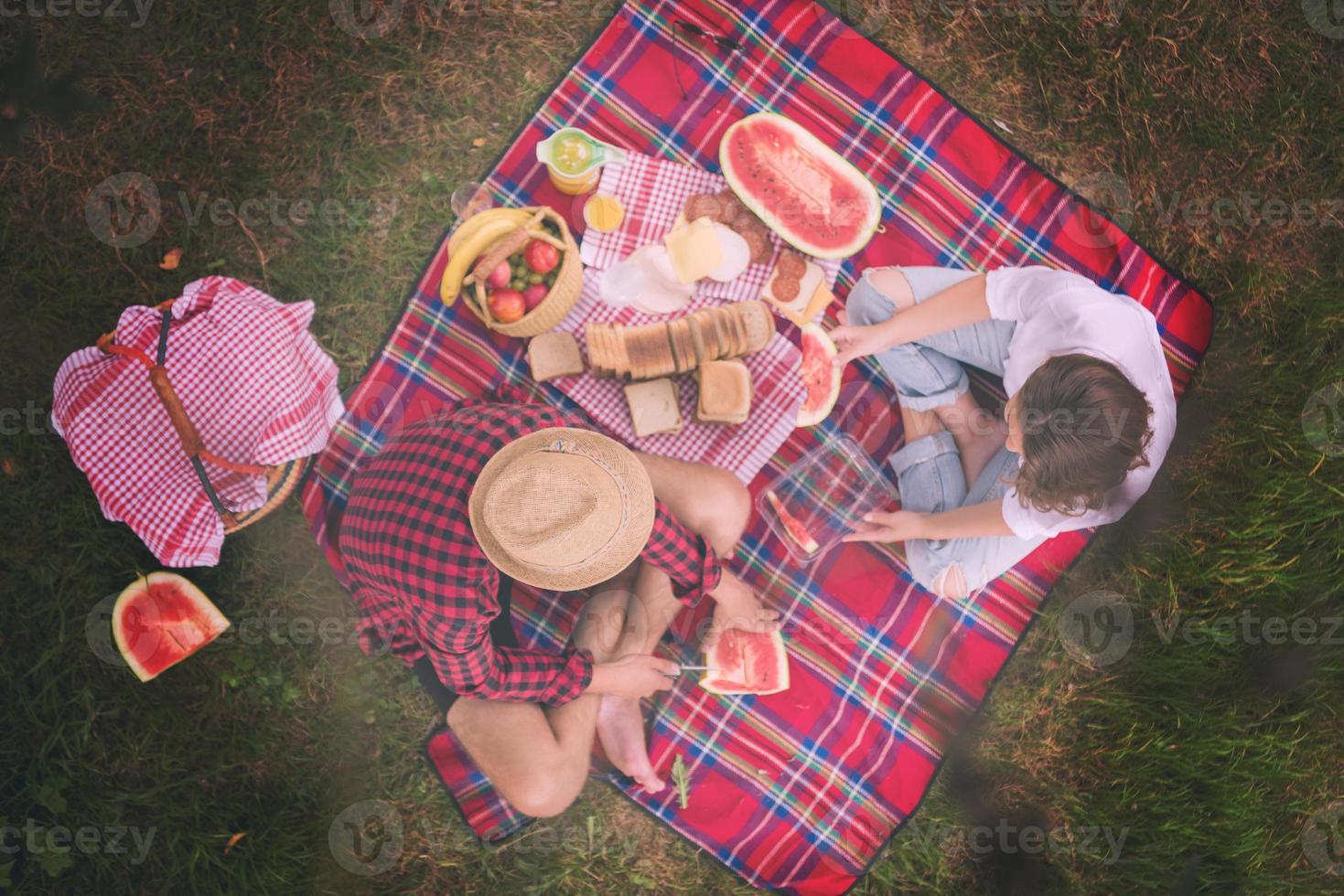 vista superior de la pareja disfrutando del tiempo de picnic foto