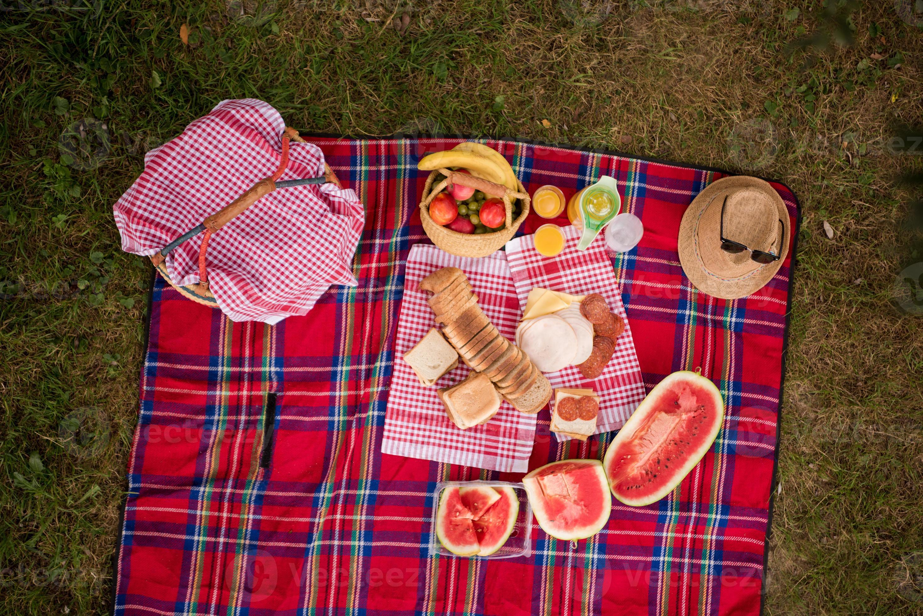 top view of picnic blanket setting on the grass 10663746 Stock Photo at
