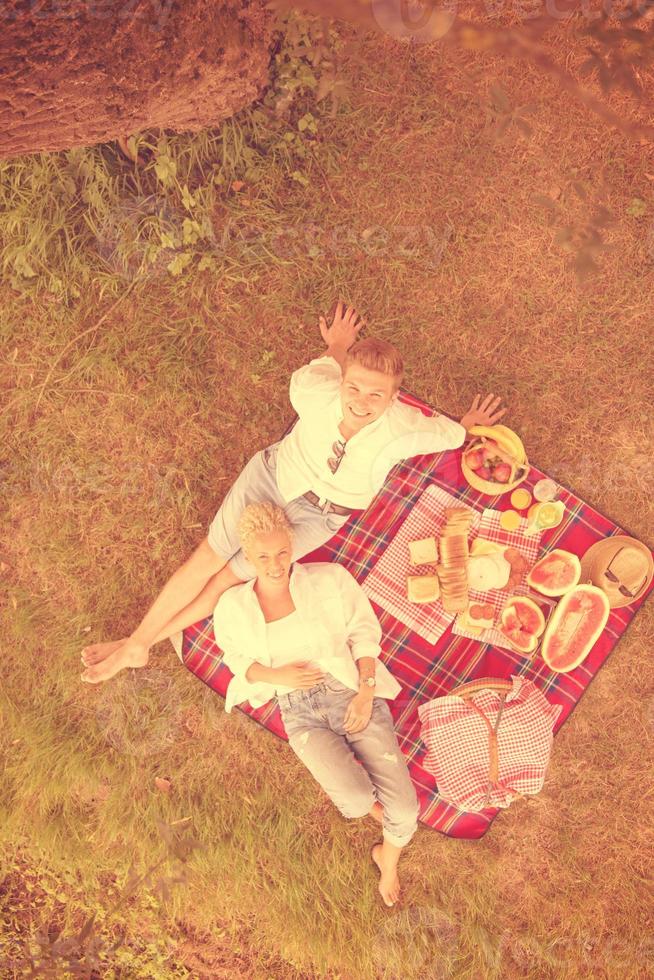 vista superior de la pareja disfrutando del tiempo de picnic foto