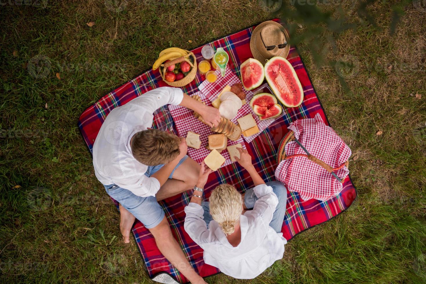 vista superior de la pareja disfrutando del tiempo de picnic foto