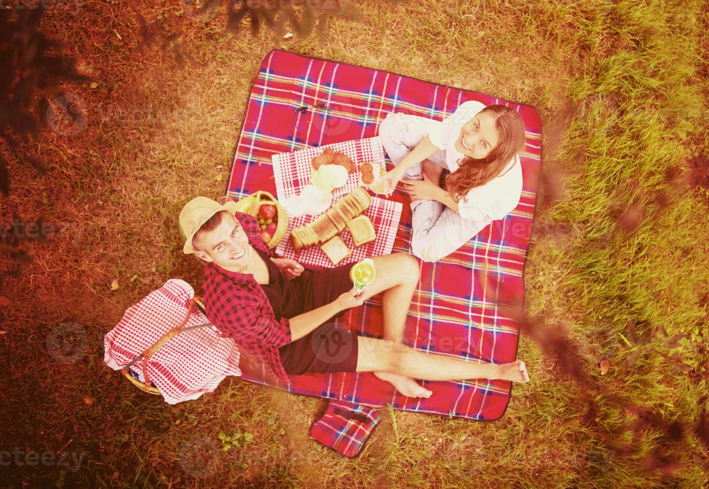 top view of couple enjoying picnic time photo