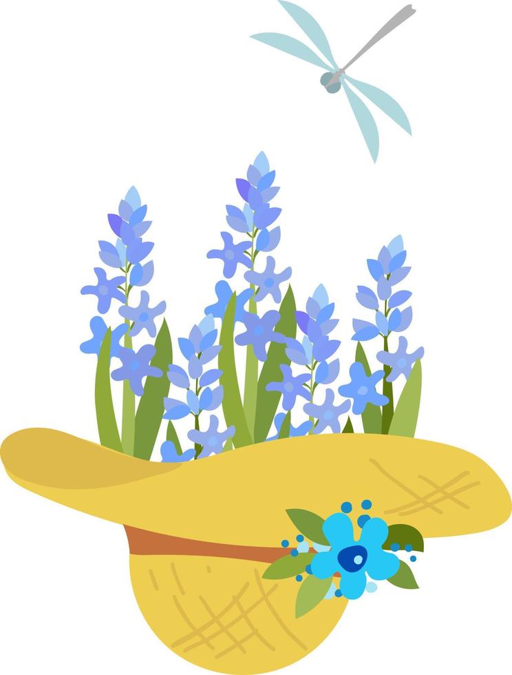 summer hat with flowers, hyacinths and dragonfly, Illustration on the theme of gardening vector