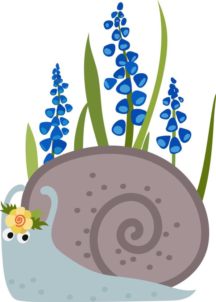 caracol de jardín con flores de muscari azul, estilo de dibujos animados de ilustración de primavera vector