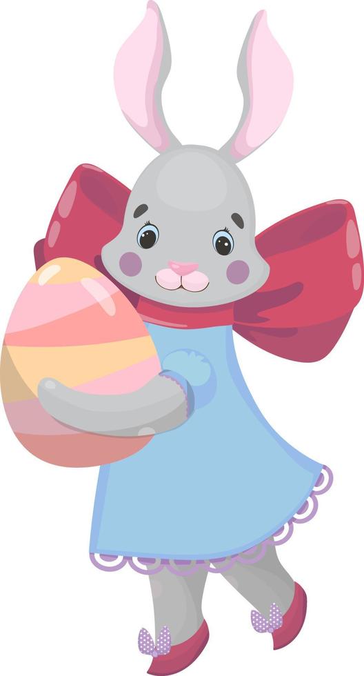 Easter girl rabbit carries an egg. Happy Easter bunny in a dress and shoes with a bow. Hand drawn cartoon animal vector illustration