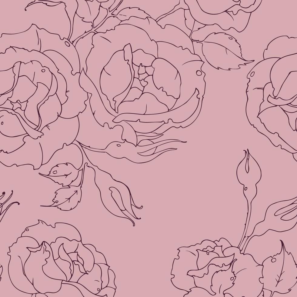 Seamless floral pattern with silhouette roses on pink background. Drawing flowers and buds vector illustration for fabric, wallpaper, wrapping paper.