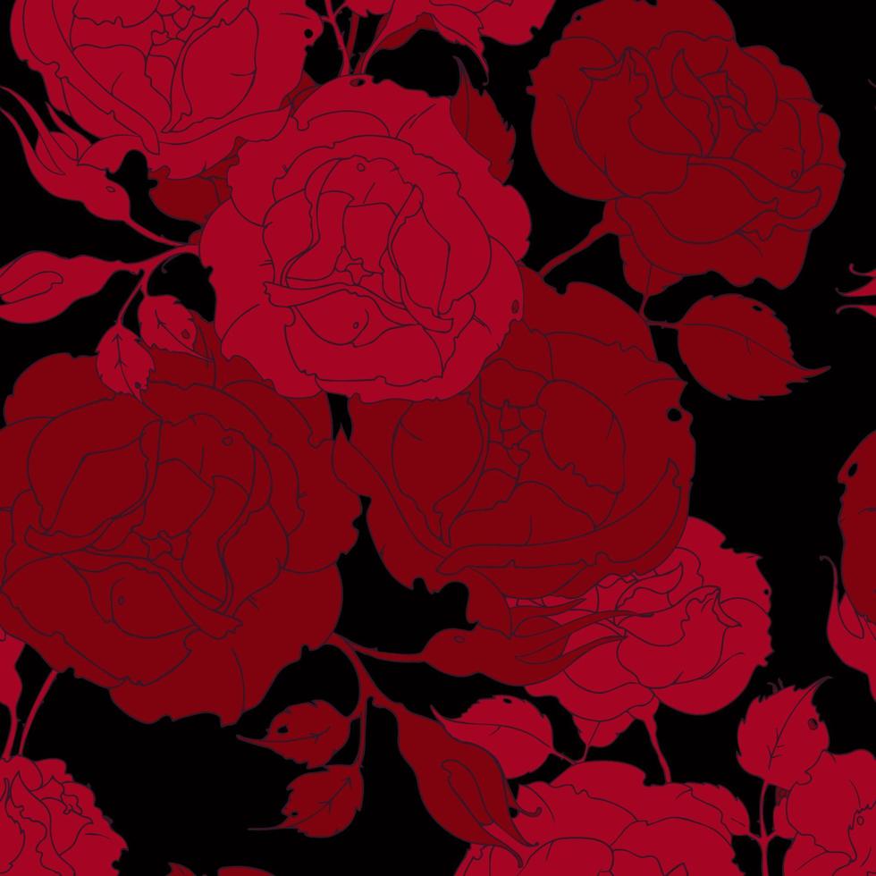 bouquet of bright red roses, a branch with flowers, leaves and buds, on a dark background. Seamless pattern vector illustration.